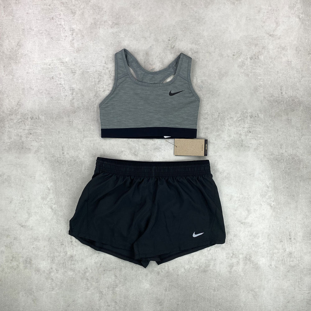 nk swoosh bra/ shorts black/ grey set women's