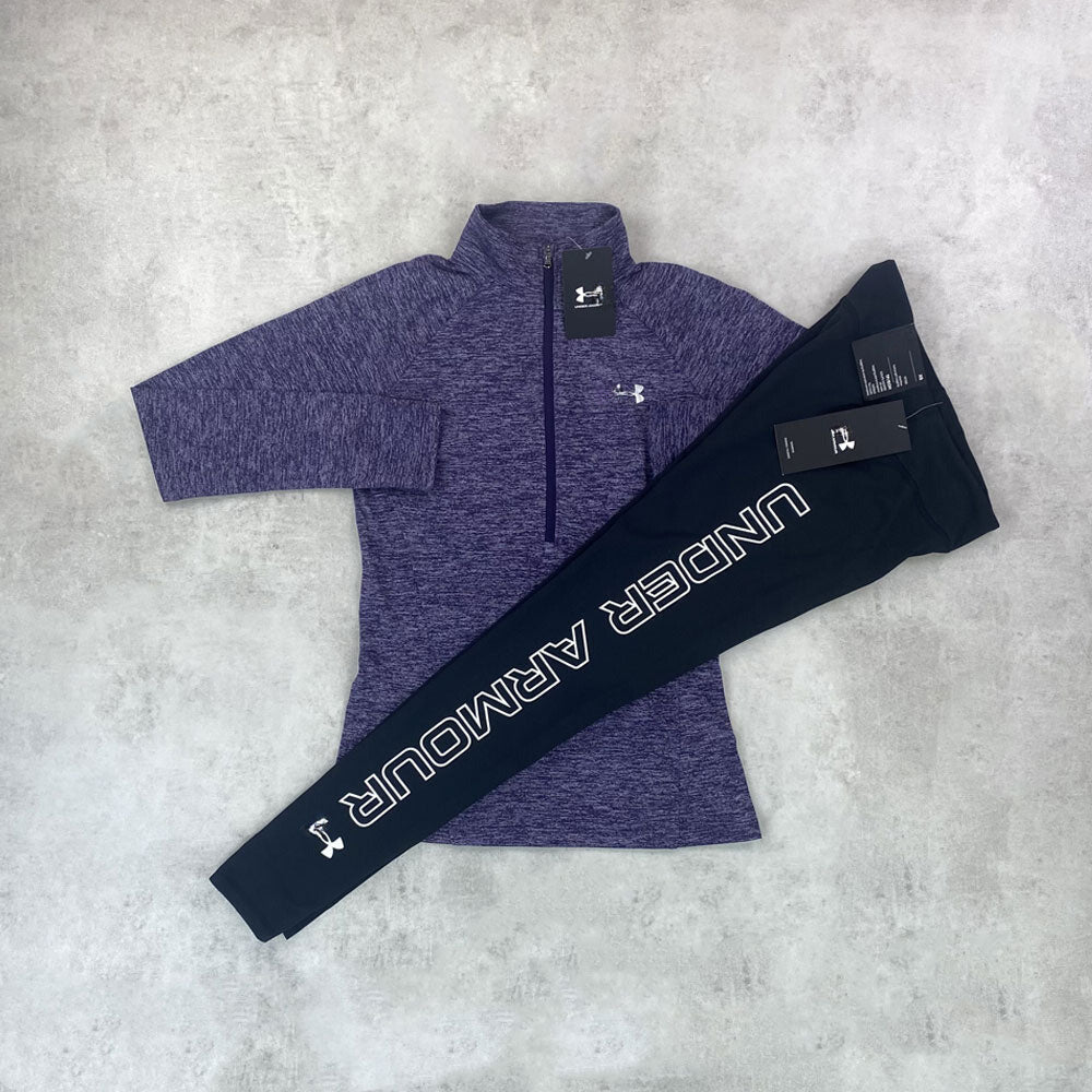 un am half zip/ wordmark leggings set purple/ black women's