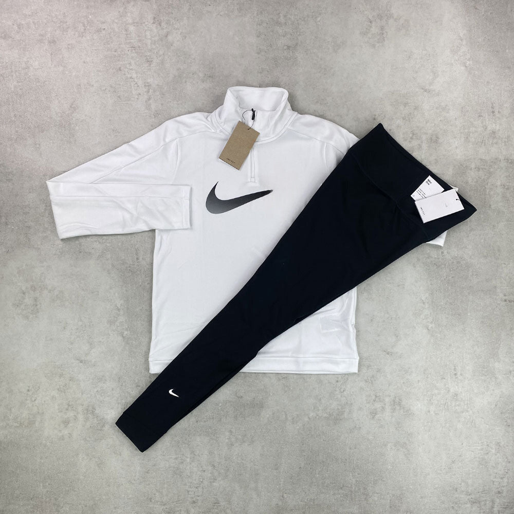 nk swoosh half zip/ leggings white/ black set women's