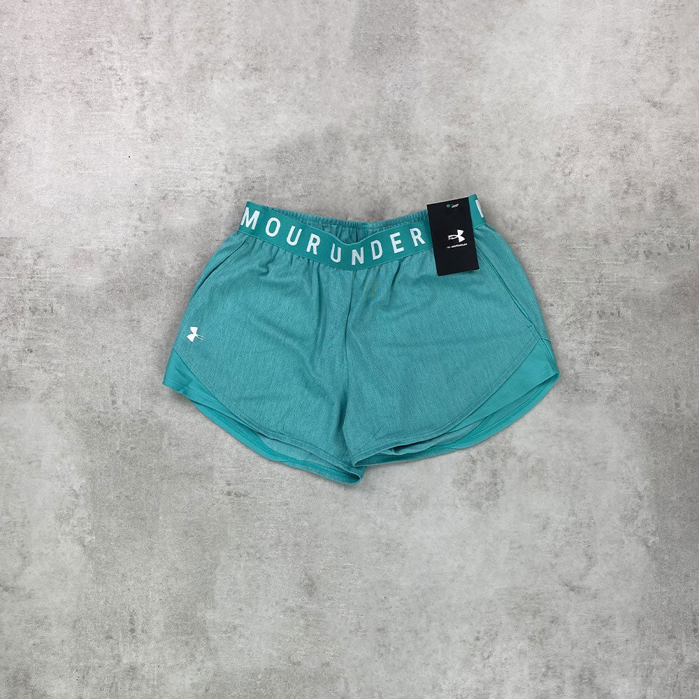 un am play up shorts metallic green women's