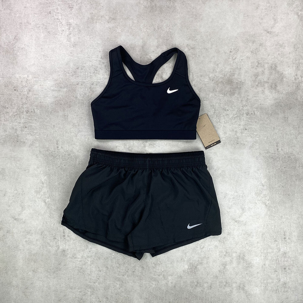 nk swoosh bra/ shorts set black women's