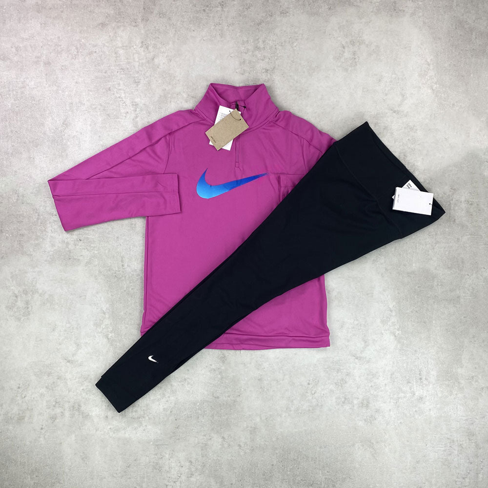 nk swoosh half zip/ leggings pink/ black set women's