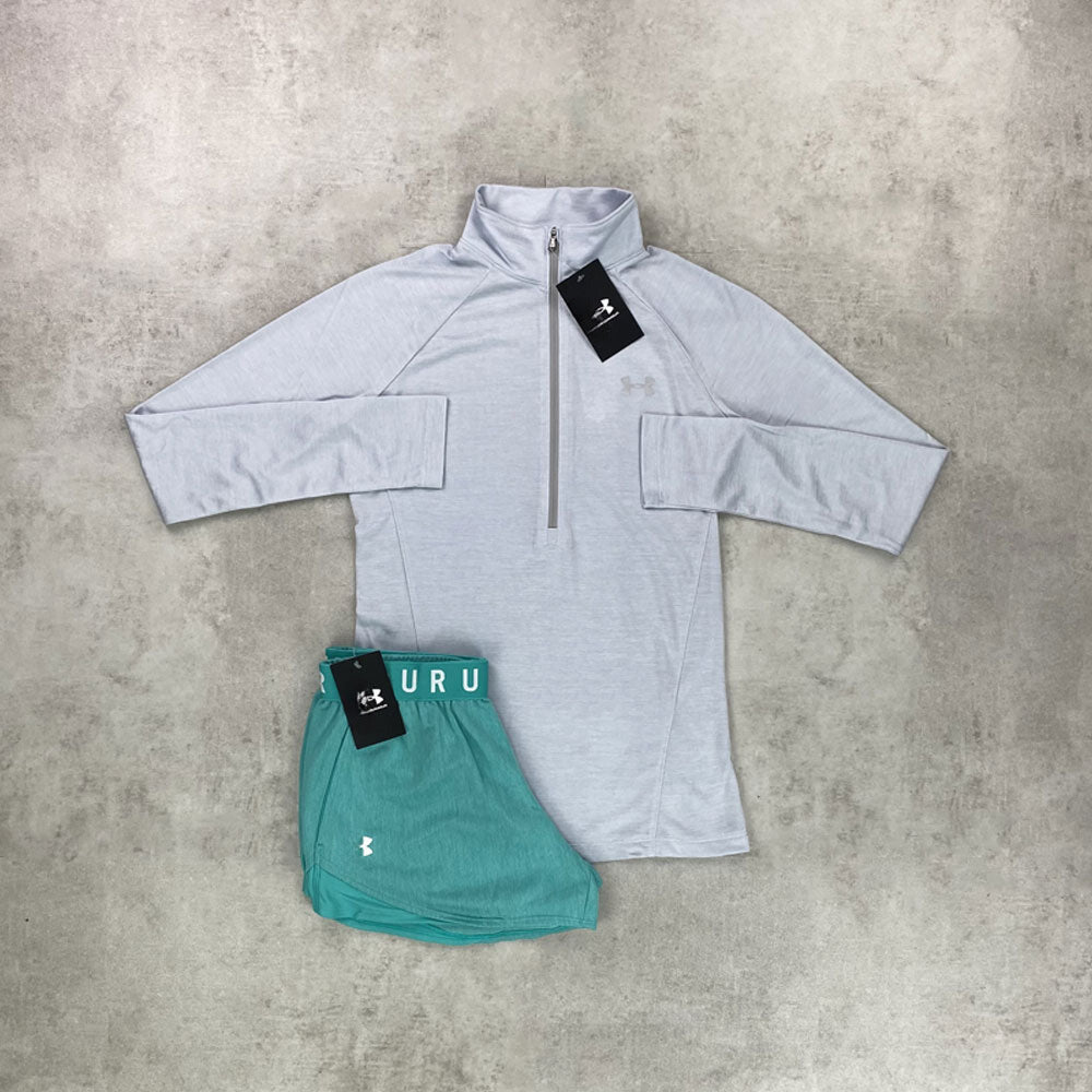 un am half zip/ play shorts halo grey/ aqua green set grey women’s