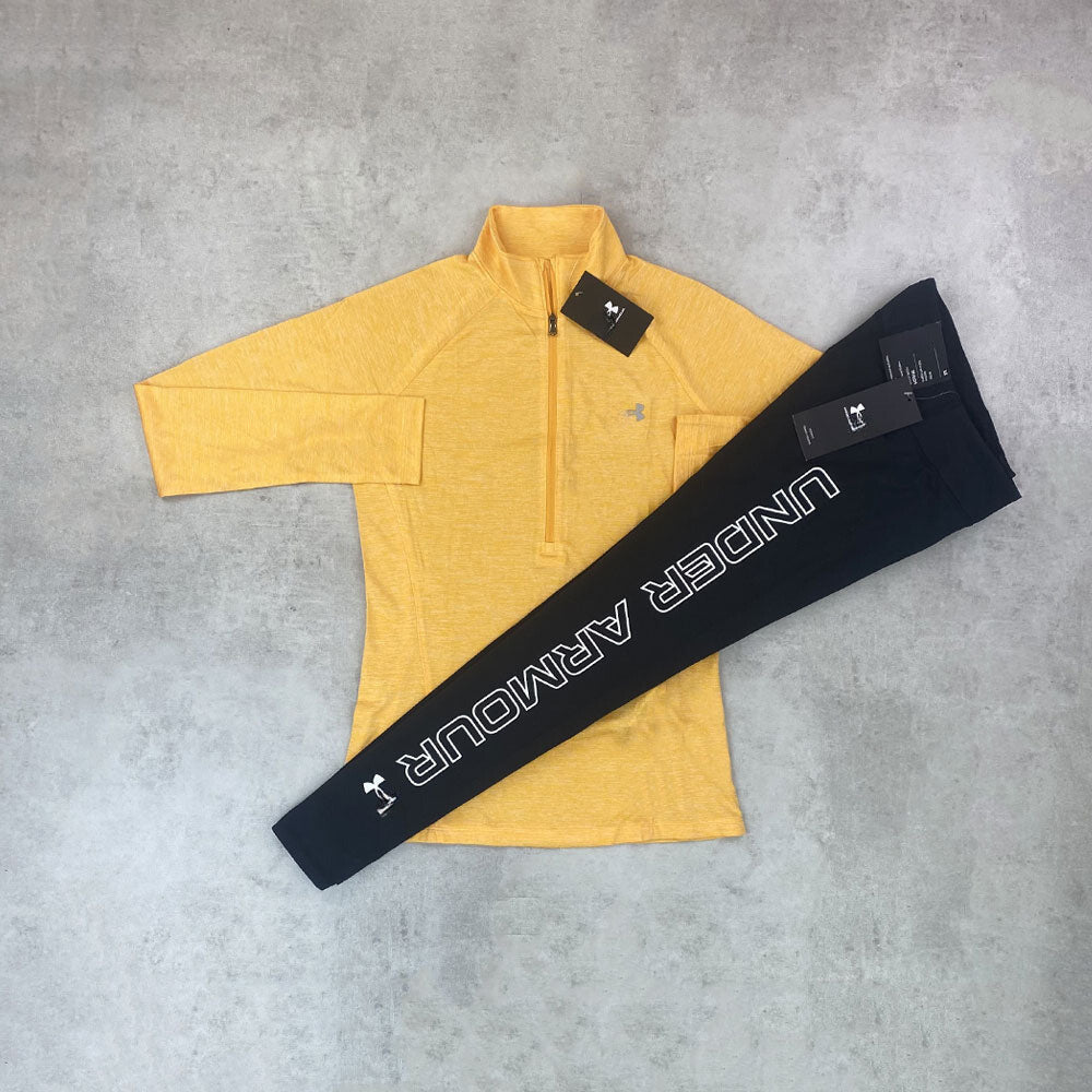 un am half zip/ wordmark leggings set peach yellow/ black women's
